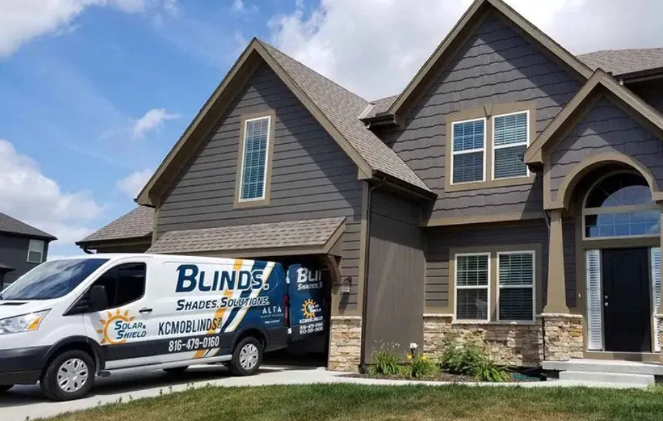 A Solar Shield Blinds service vehicle at a customer install