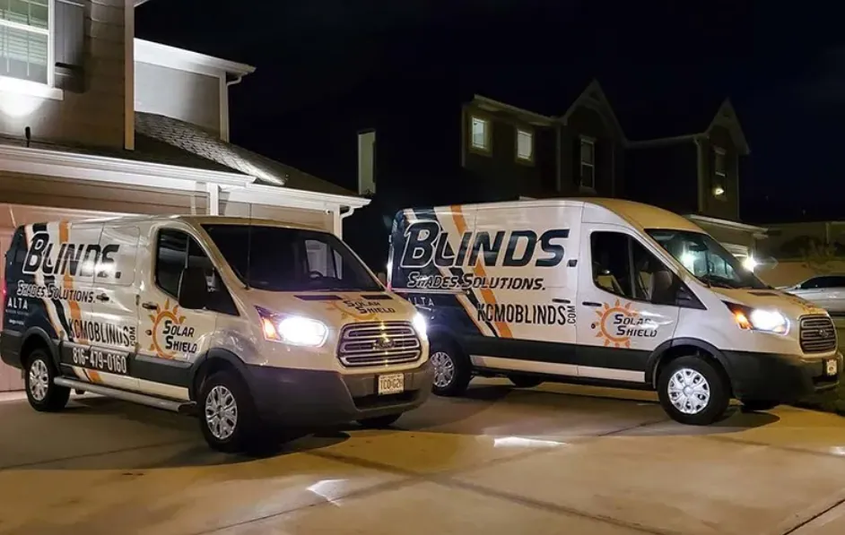 A Solar Shield Blinds van at an evening install