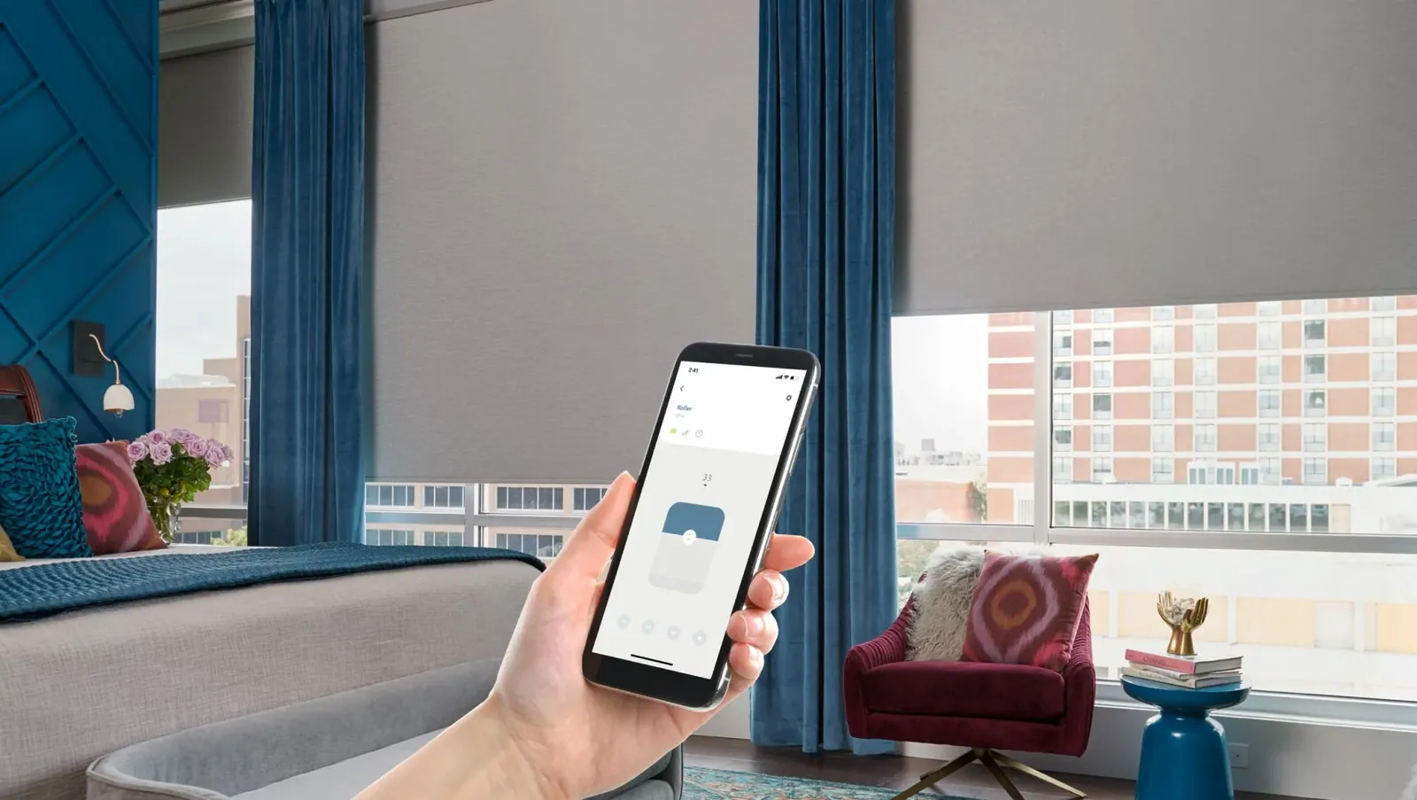 A phone app raising a motorized shade in a bedroom