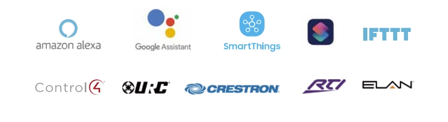 Platforms our USB Bridge connects to directly: Amazon Alexa, Google Assistant, SmartThings, Siri Shortcuts, IFTTT, Control4, URC, Crestron, RTI, Elan
