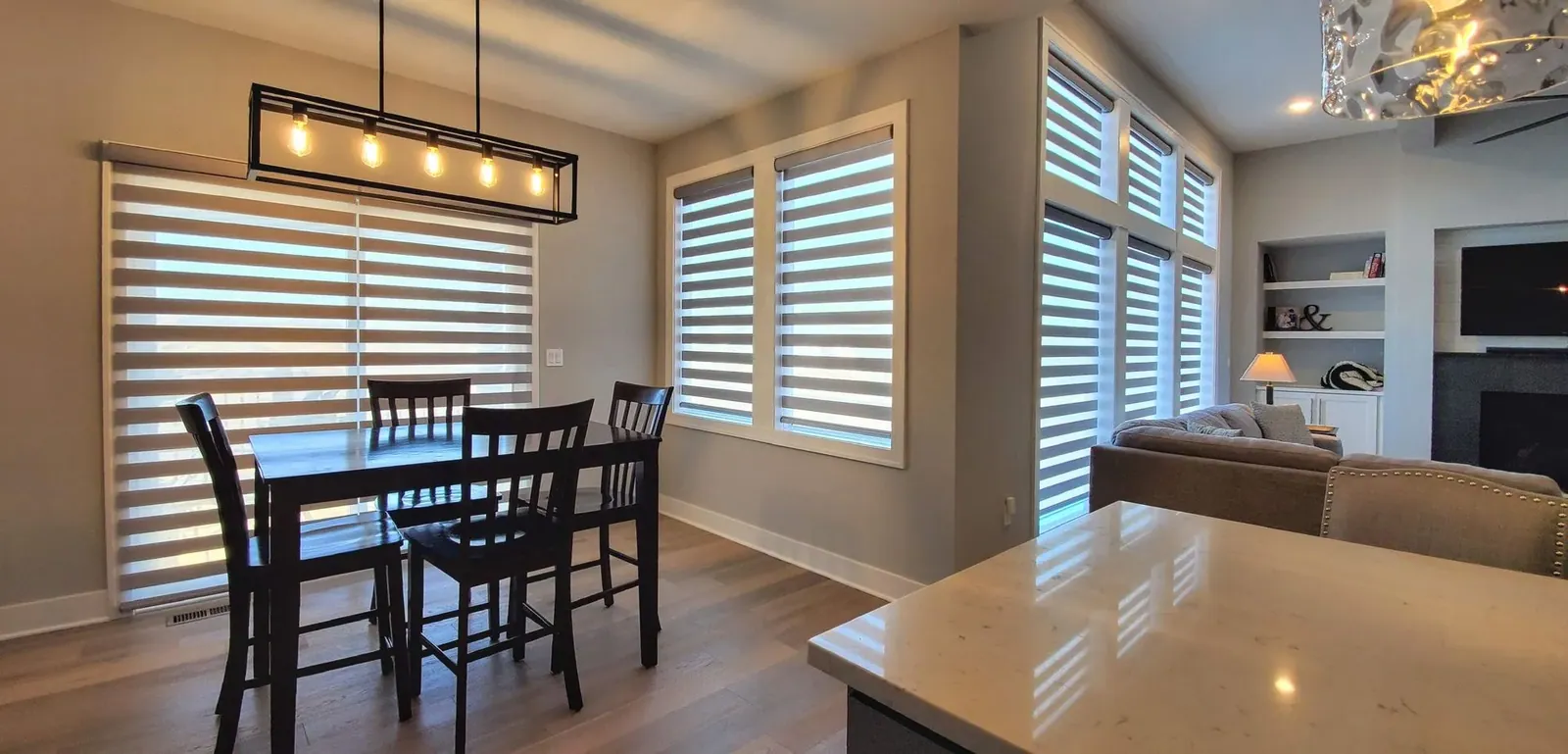 Custom banded shades bedroom triple windows solar shield blinds, installed by Solar Shield Blinds