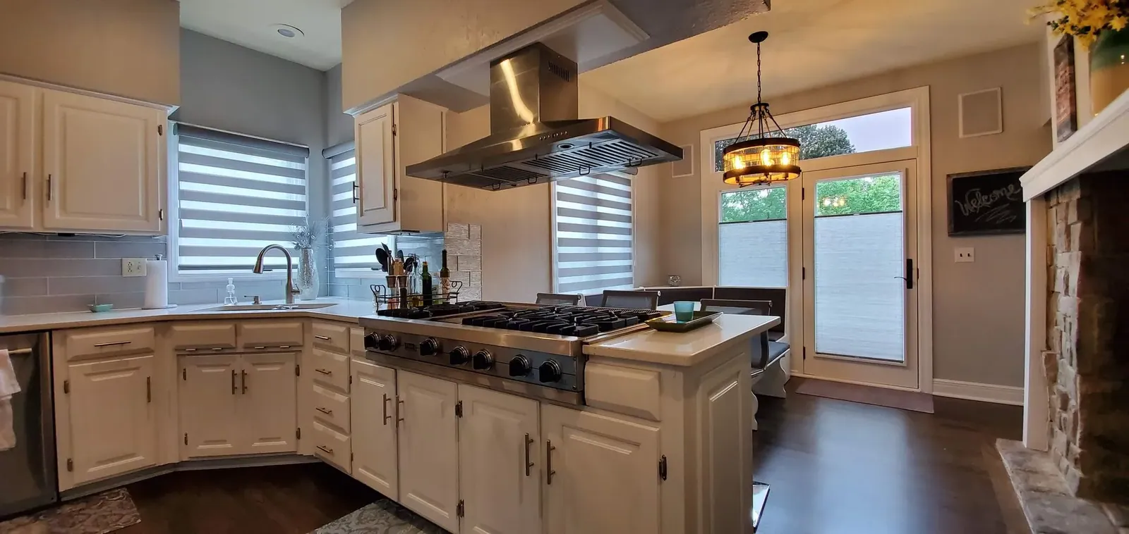 Banded Shades kitchen corner windows solar shield blinds, measured and hung by Solar Shield Blinds