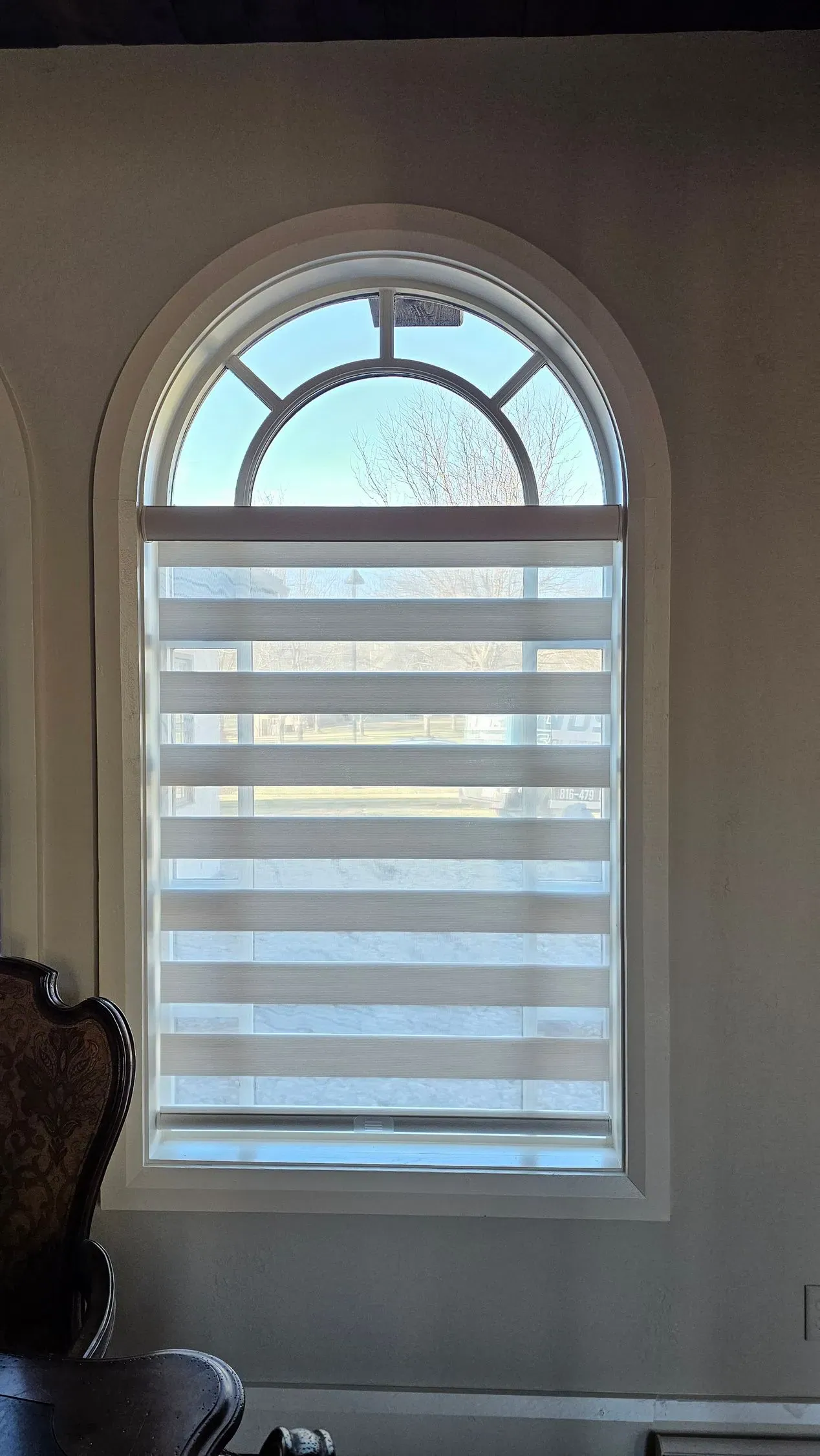 Banded Shades living room bay window solar shield blinds, a Solar Shield Blinds install