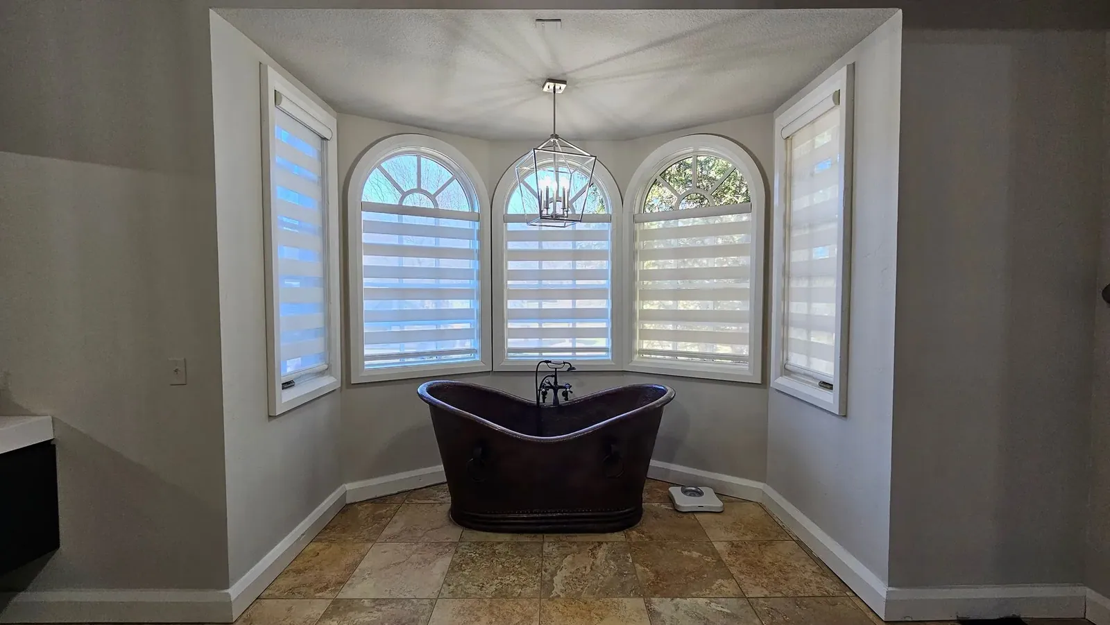 Banded Shades living room tall windows solar shield blinds, measured and hung by Solar Shield Blinds