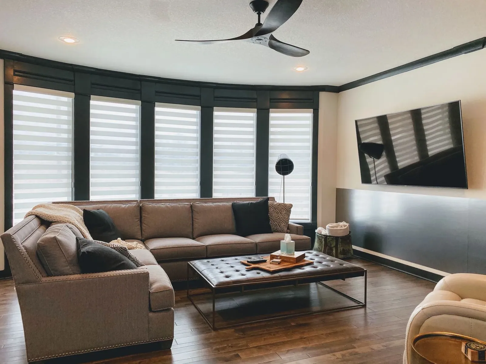 Banded Shades living room wide view solar shield blinds, installed by Solar Shield Blinds