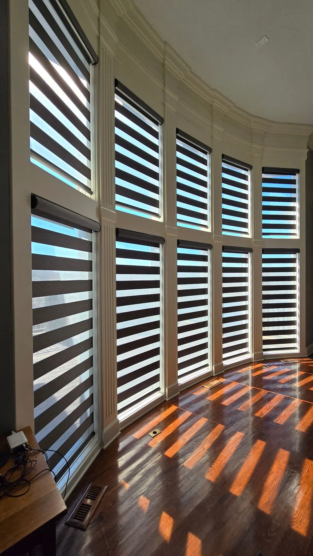 Banded Shades tall bay window living room shield blinds, measured and hung by Solar Shield Blinds