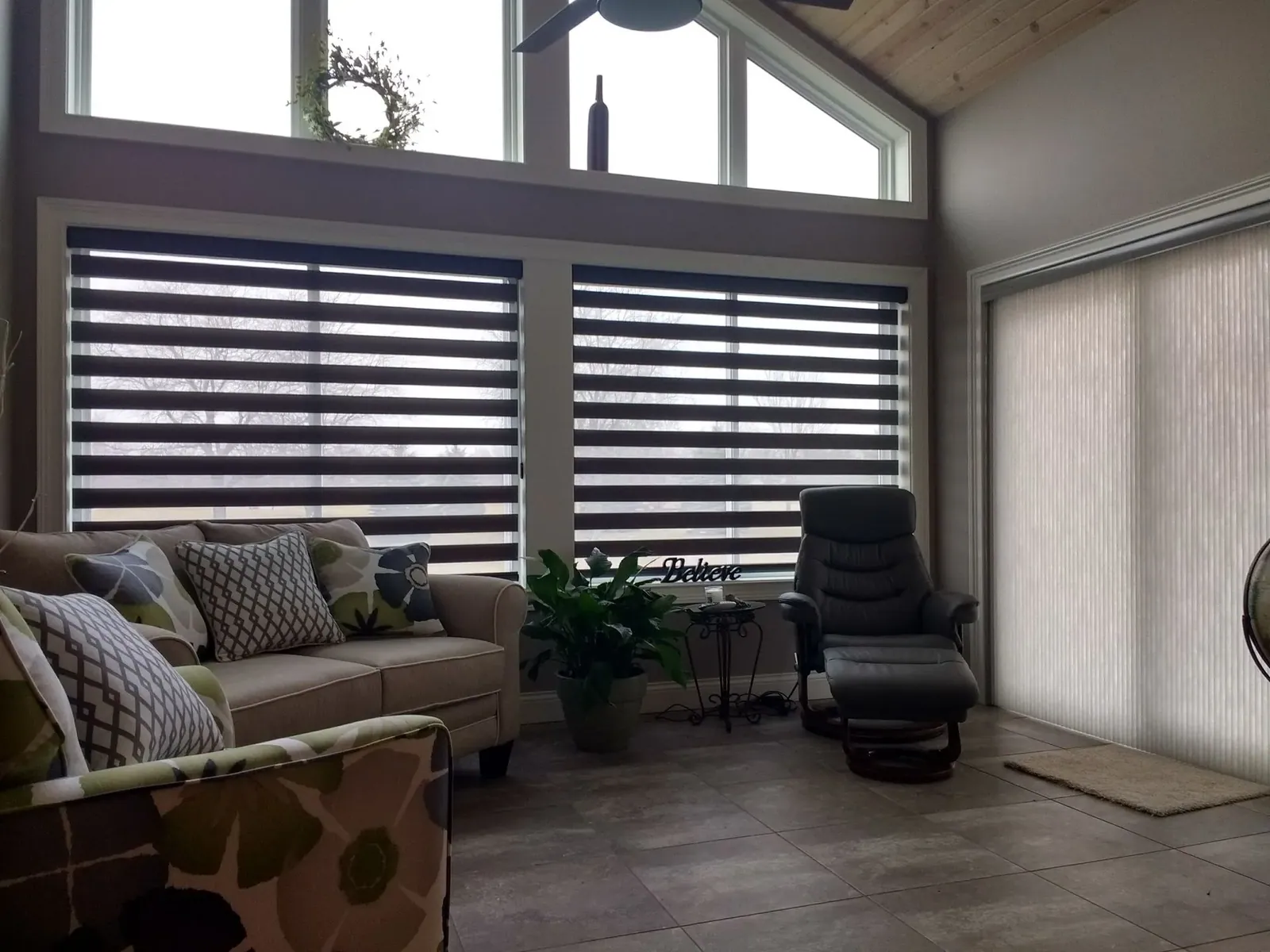 Custom banded shades vaulted ceiling sunroom solar shield blinds, installed by Solar Shield Blinds