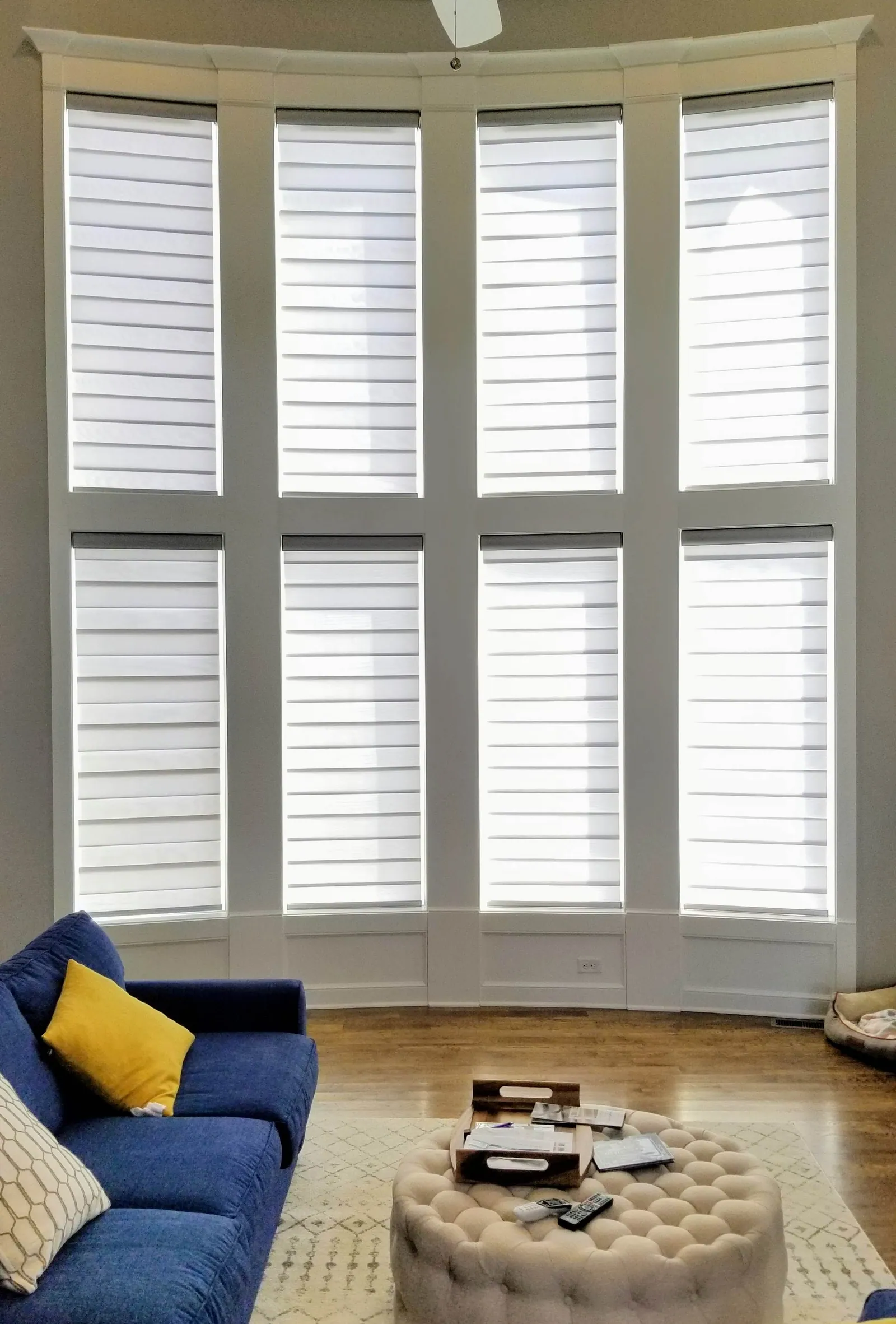 Custom banded shades before and after shade after solar shield blinds, installed by Solar Shield Blinds