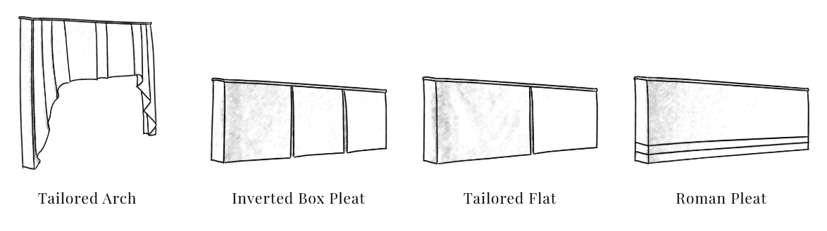 Tailored Arch, Inverted Box Pleat, Tailored Flat and Roman Pleat top treatment styles