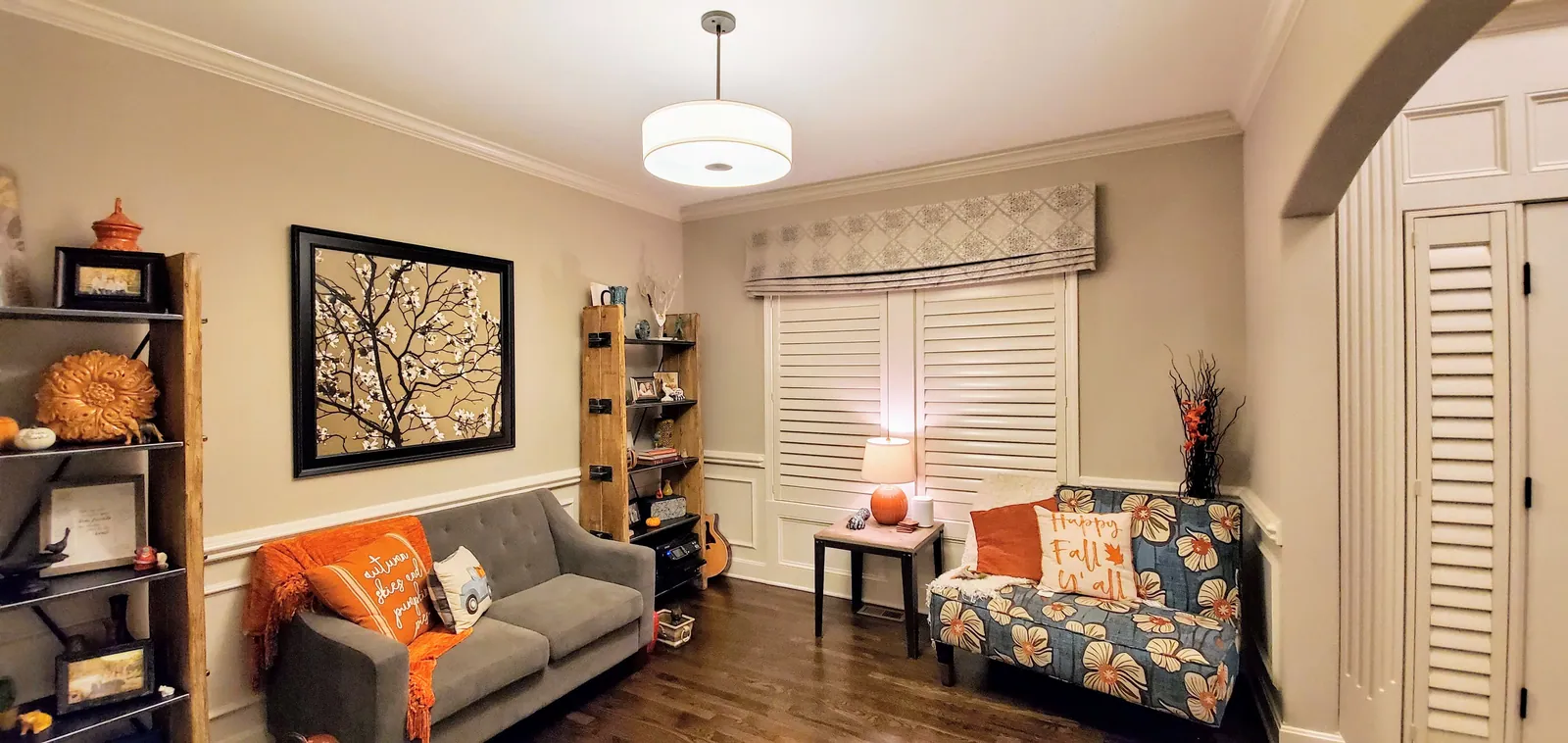 Cornice over a living room window, installed by Solar Shield Blinds