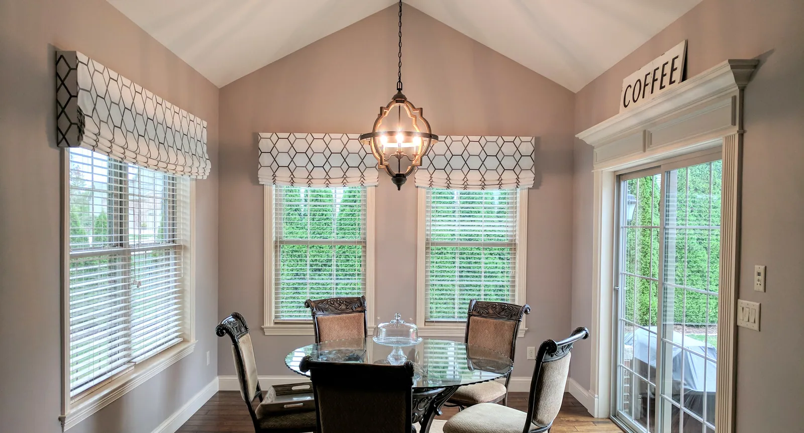 Cornices in a breakfast nook, installed by Solar Shield Blinds