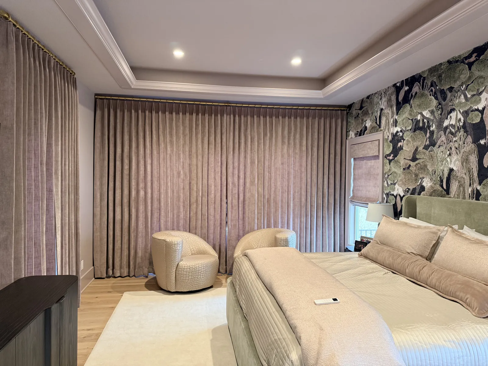 Blush drapery panels across a full wall of windows in a bedroom, installed by Solar Shield Blinds