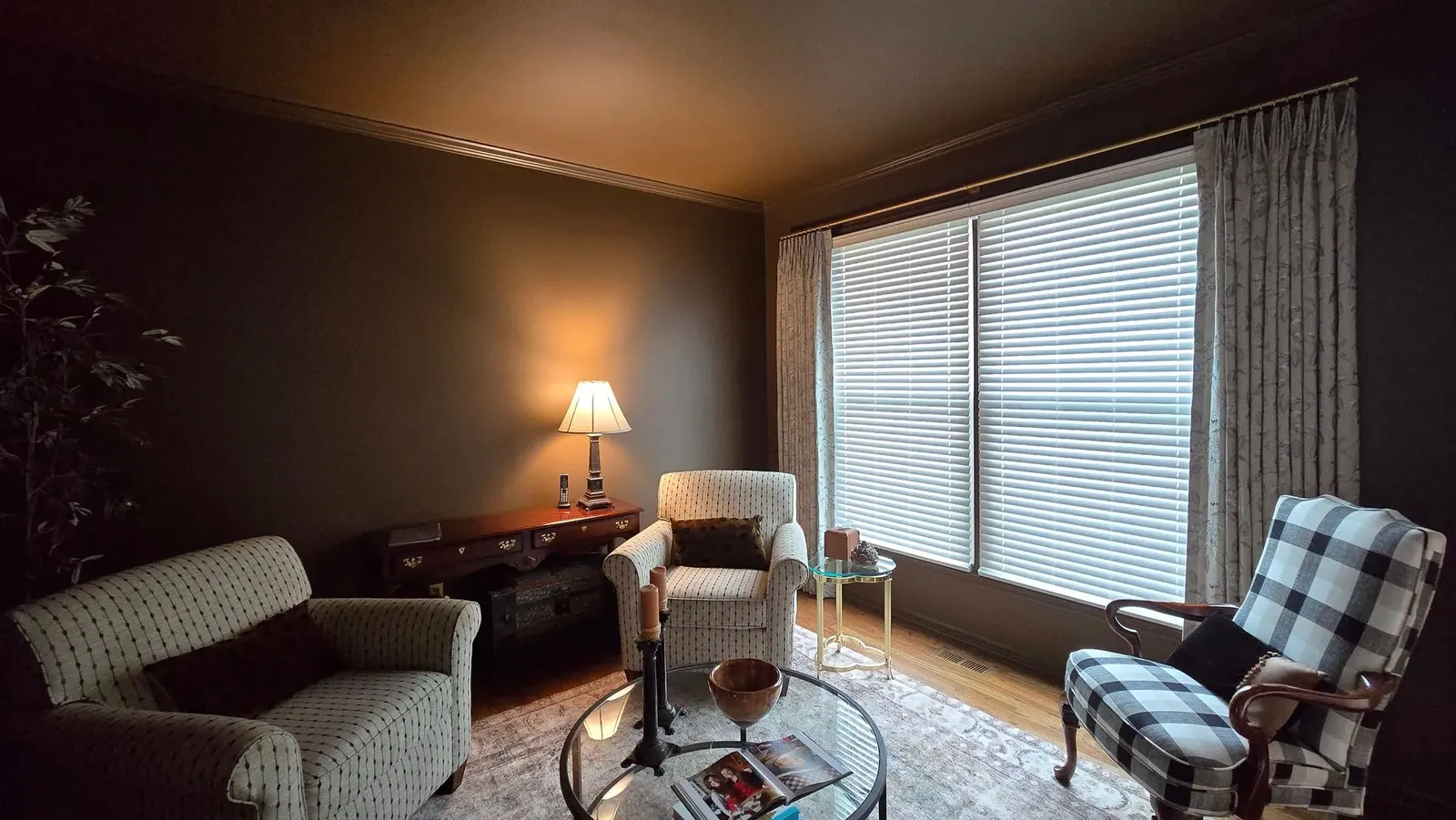 Living room custom drapery, installed by Solar Shield Blinds