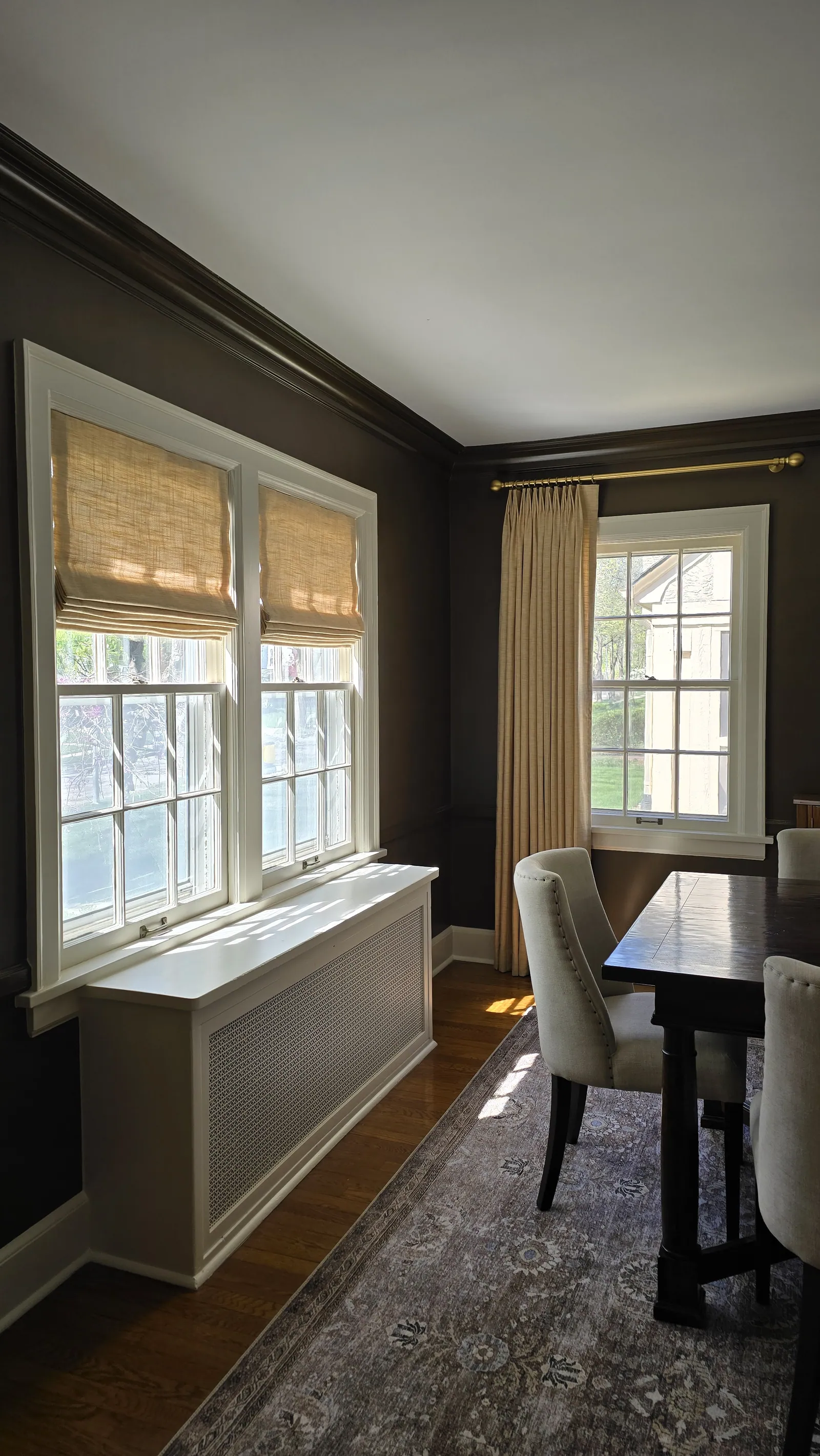 Roman shades drapes dining room, installed by Solar Shield Blinds