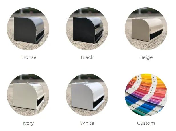 Exterior patio shade hardware colors: Bronze, Black, Beige, Ivory, White and Custom