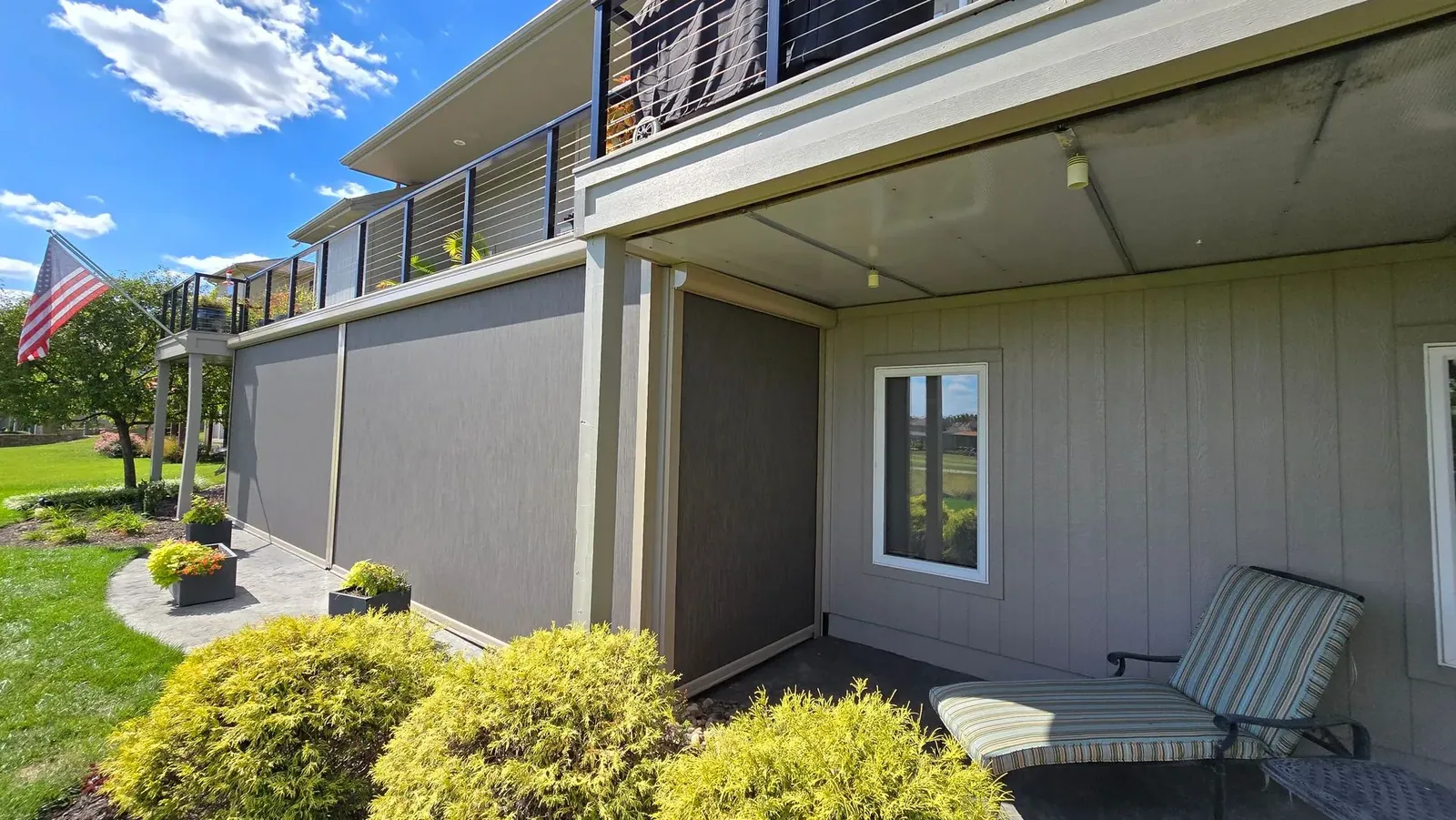 Custom exterior patio shades close up open, installed by Solar Shield Blinds