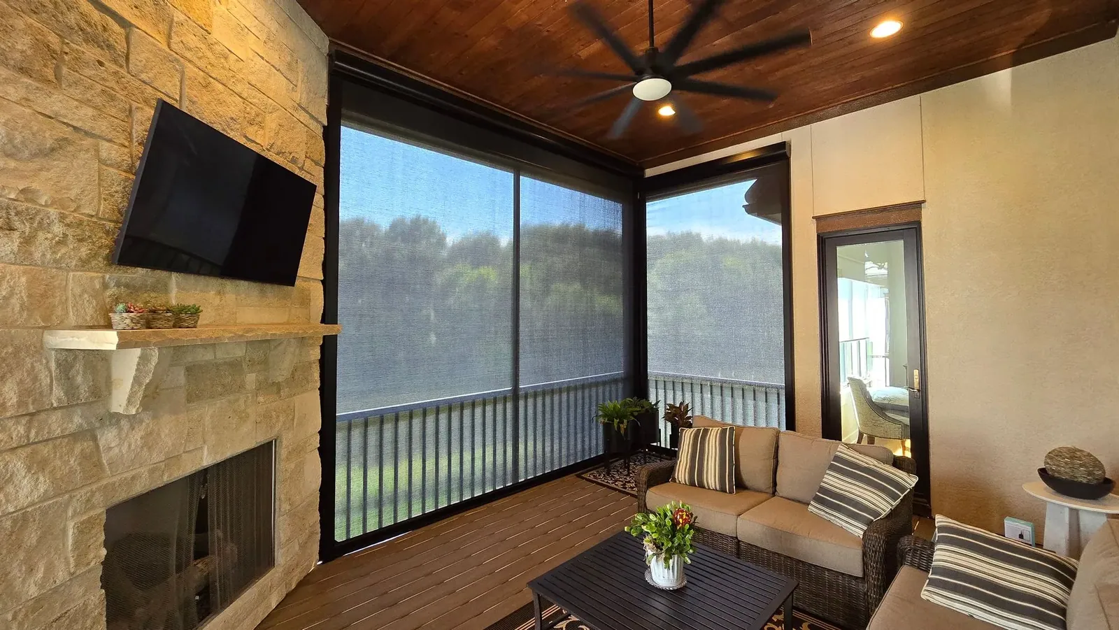 Exterior Patio Shades fully automated closed, installed by Solar Shield Blinds