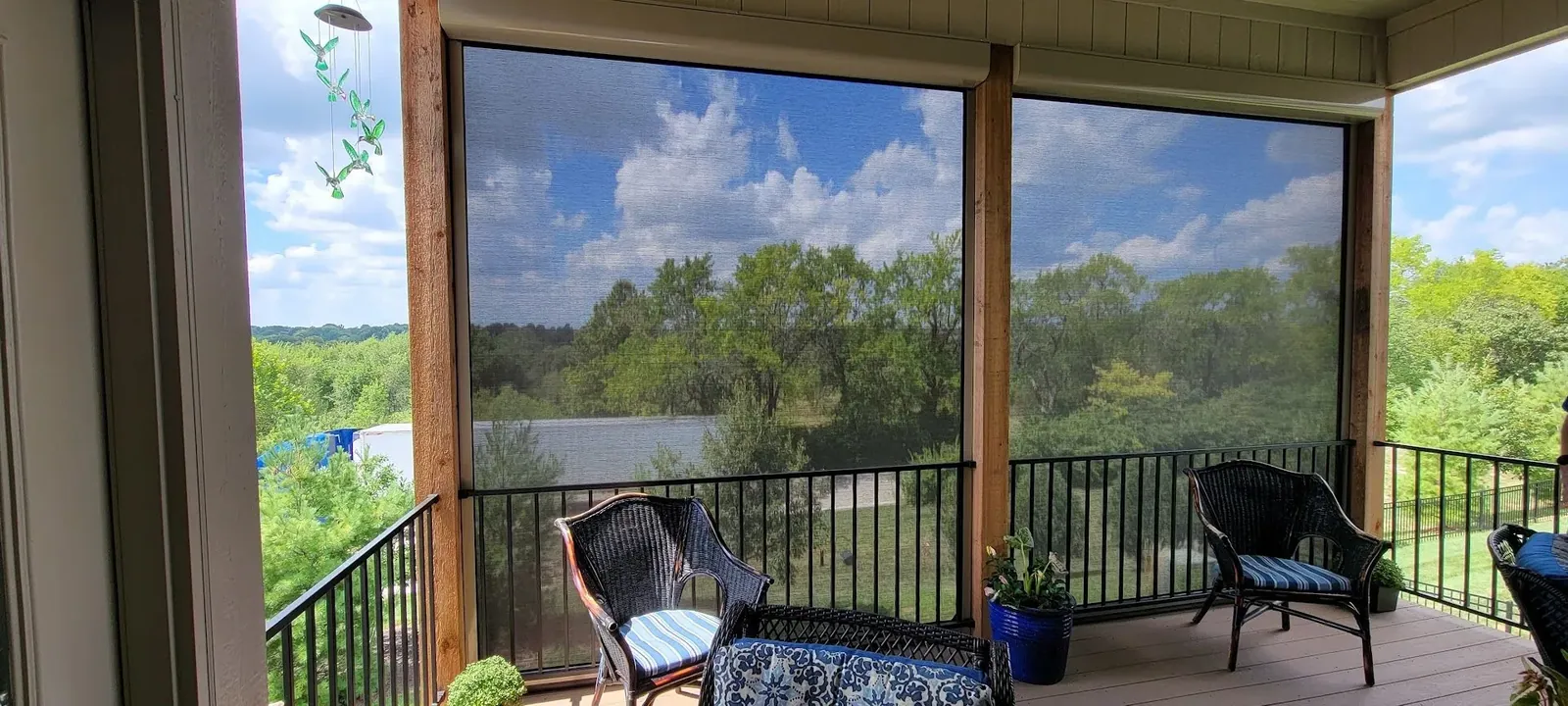 Exterior Patio Shades fully closed upper level, measured and hung by Solar Shield Blinds