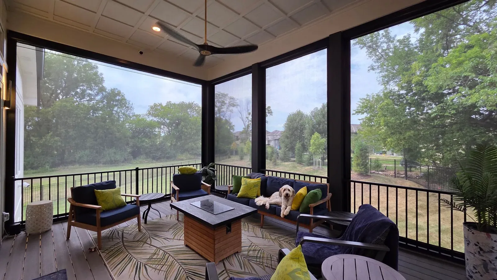 Exterior patio shades upper deck and patio sunny weather, installed by Solar Shield Blinds