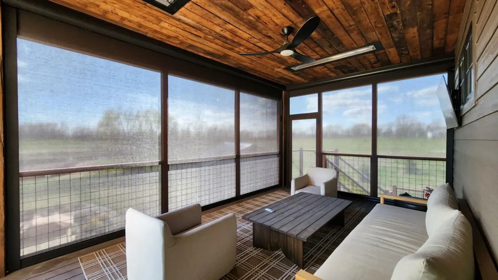 Exterior patio shades upper patio deck with door, installed by Solar Shield Blinds