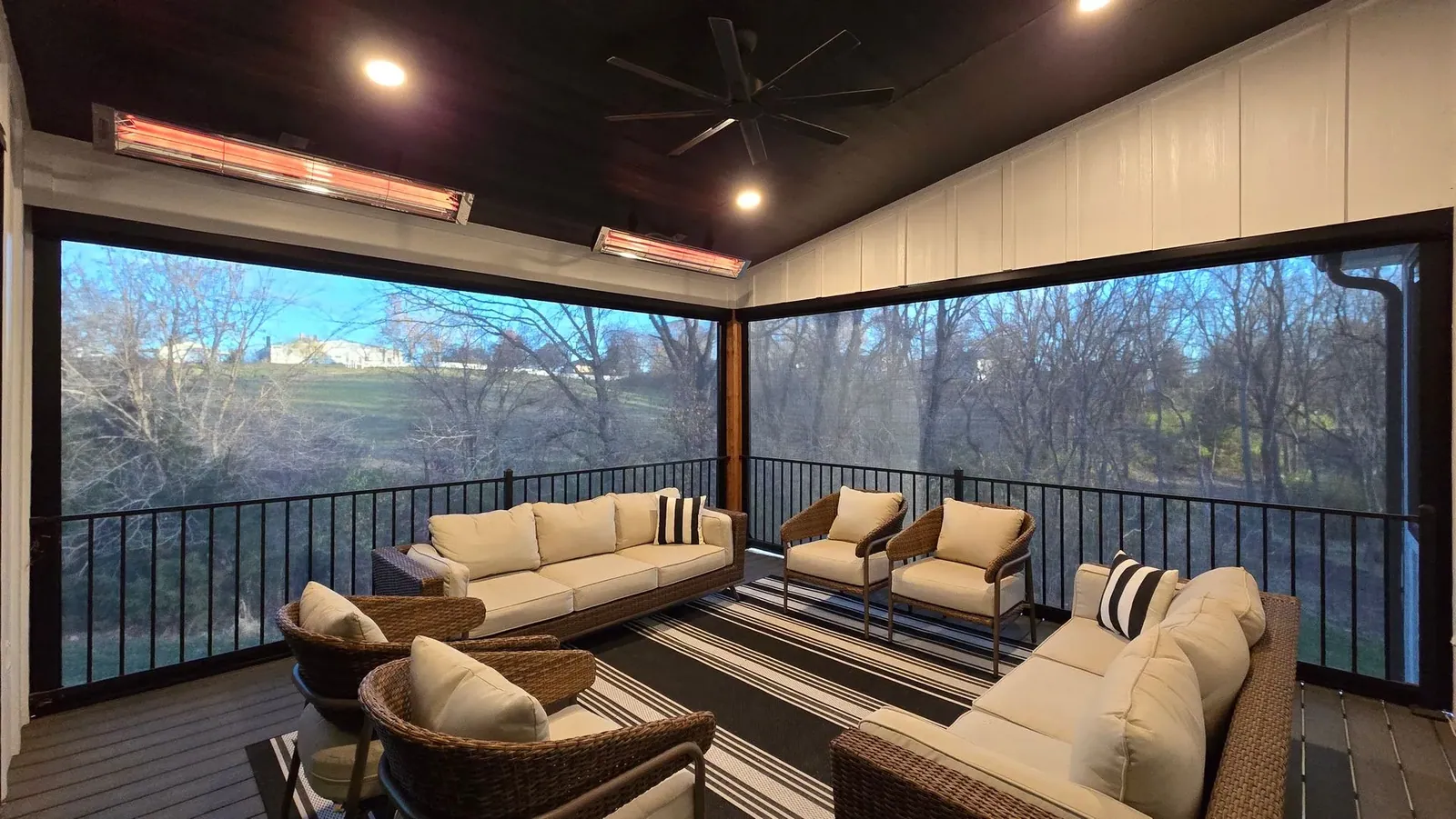 Exterior patio shades upper patio motorized shades, installed by Solar Shield Blinds