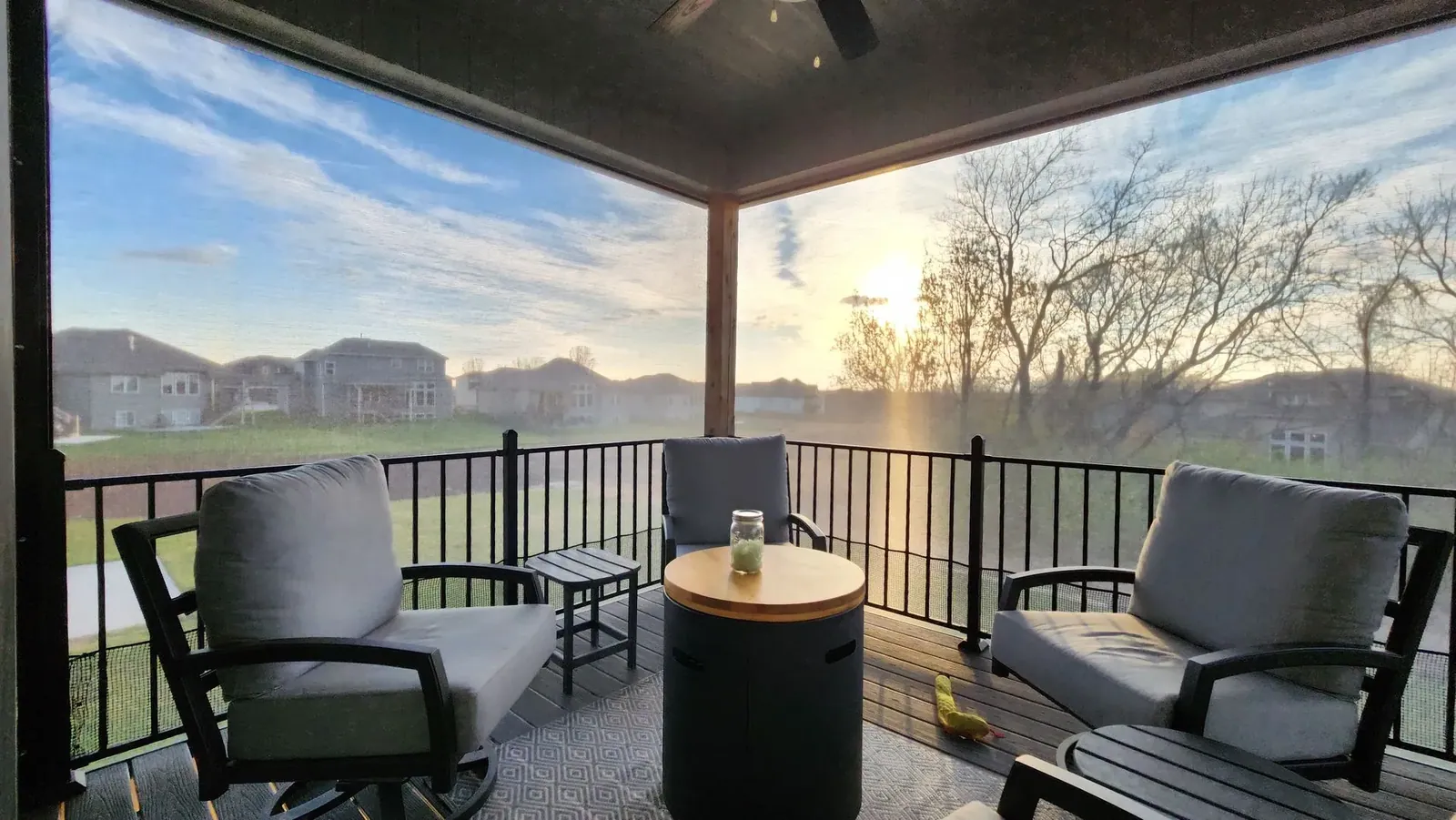 Exterior patio shades winter sun upper patio, installed by Solar Shield Blinds