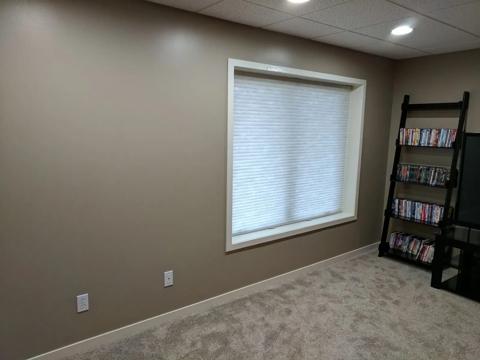 Closed honeycomb shade on a lower family room window, installed by Solar Shield Blinds