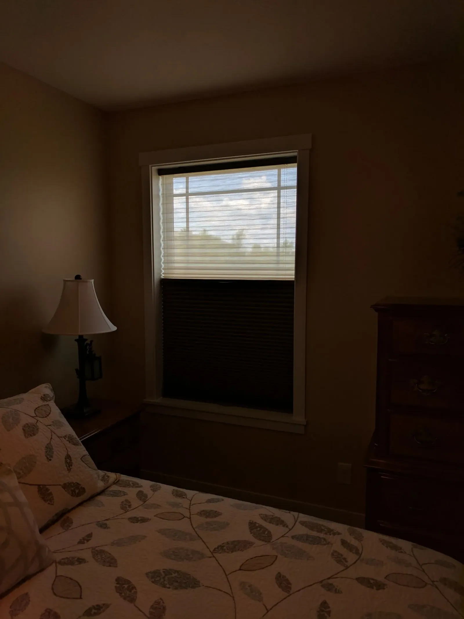 Top down bottom up honeycomb shades half closed on bedroom windows, installed by Solar Shield Blinds