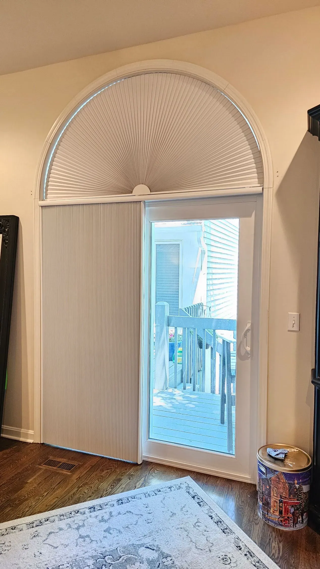 Honeycomb Shades half open sliding glass door with arch s, installed by Solar Shield Blinds