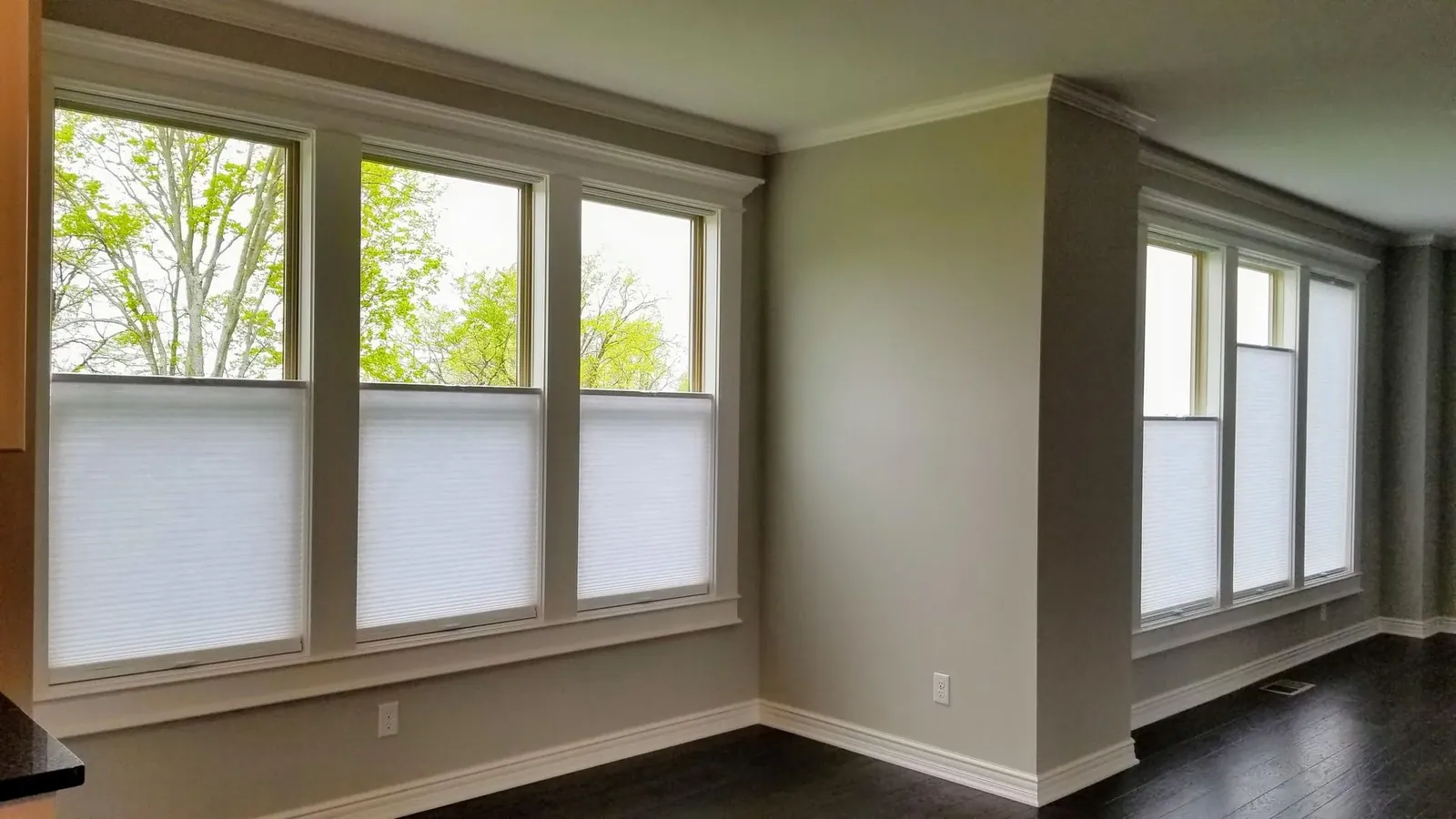 Honeycomb shades living room top down bottom up, installed by Solar Shield Blinds