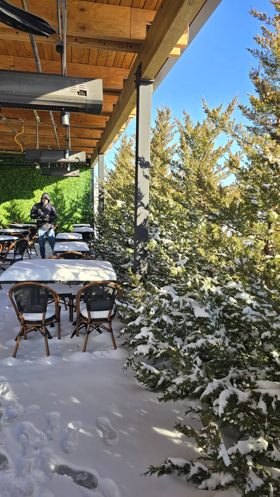 The Meddy's patio under snow before the shades