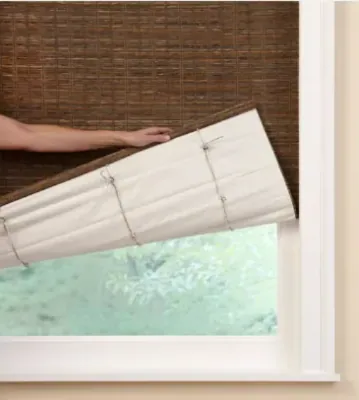 Custom natural woven shades design fixed liner, installed by Solar Shield Blinds