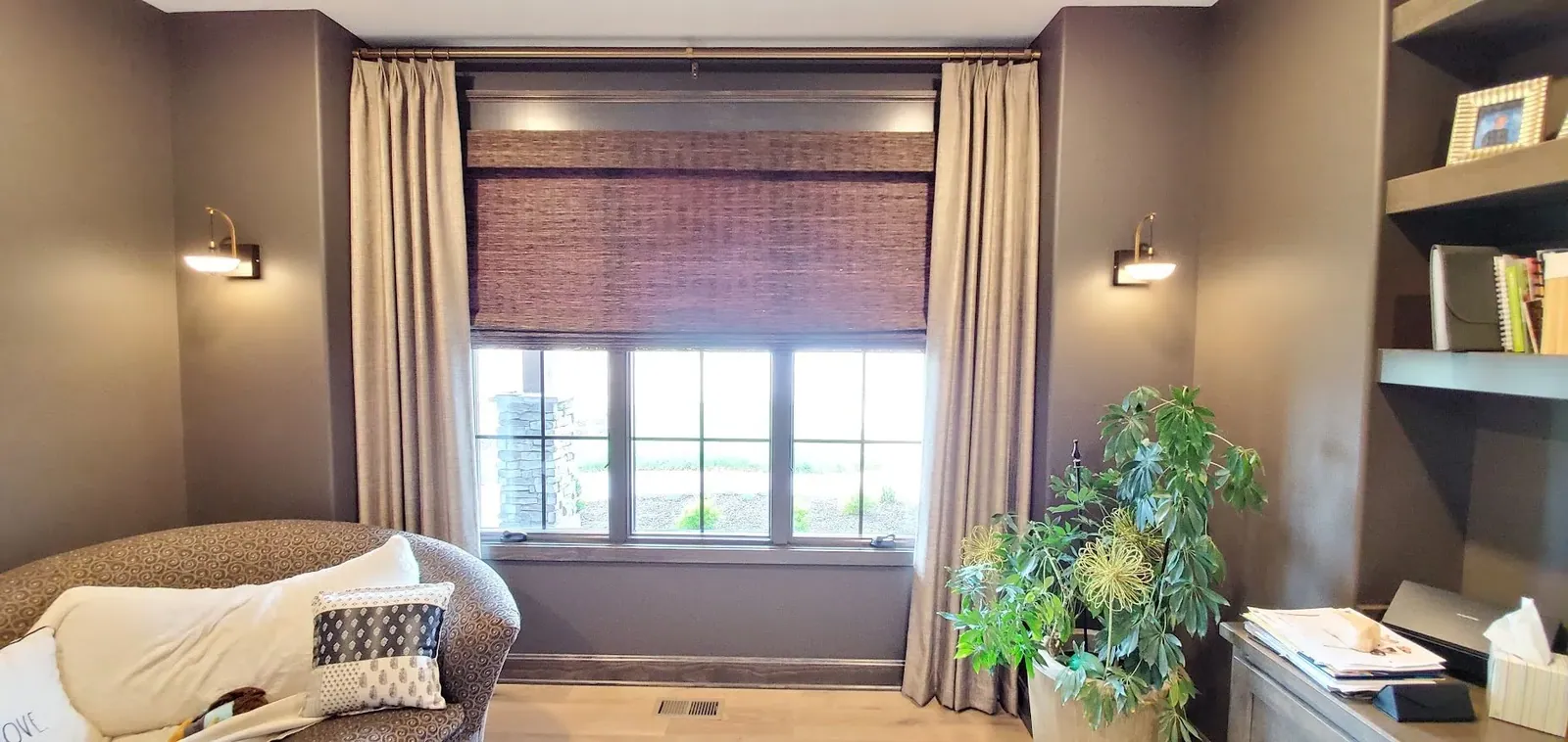 Natural Woven Shades office room, measured and hung by Solar Shield Blinds