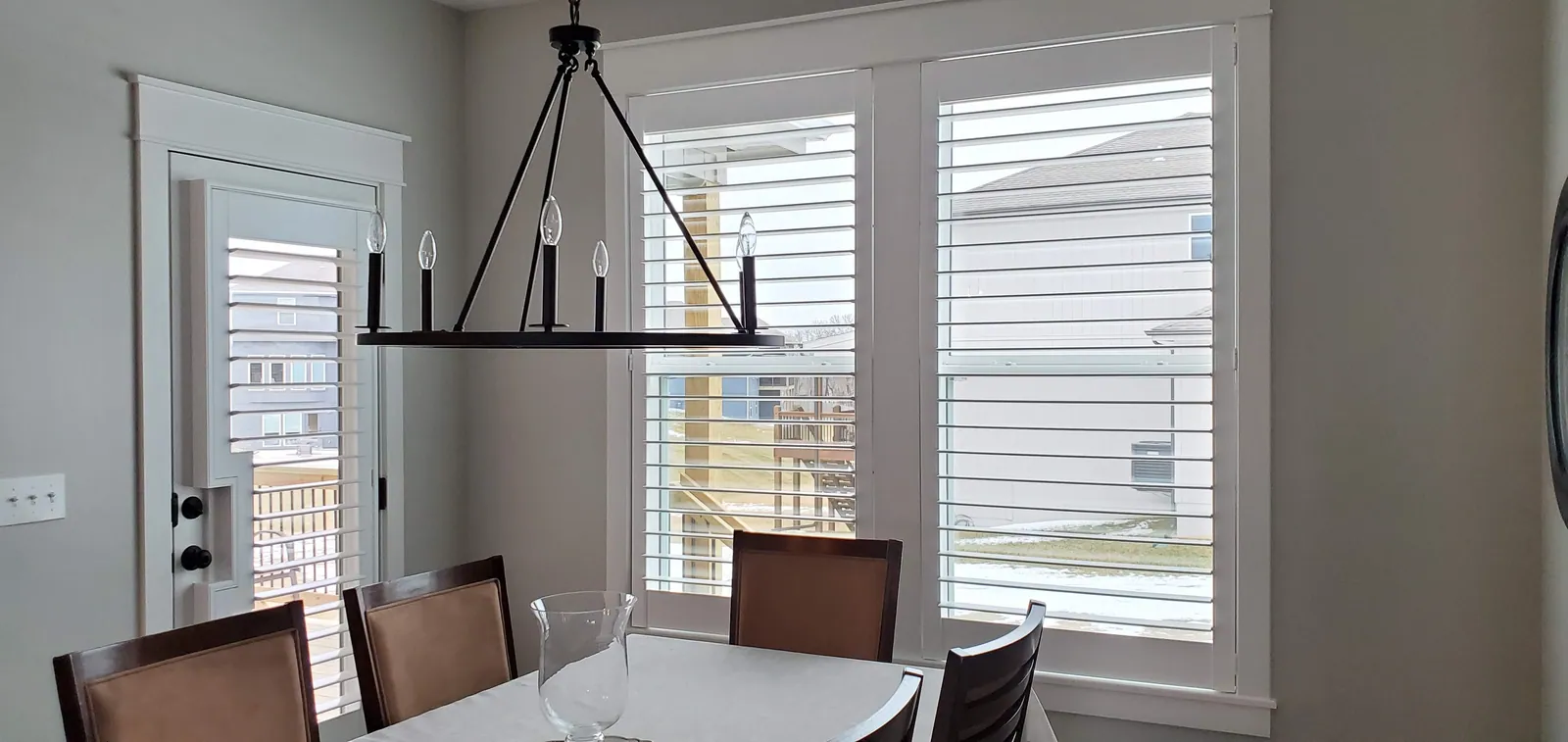 Plantation Shutters french door cut out, installed by Solar Shield Blinds
