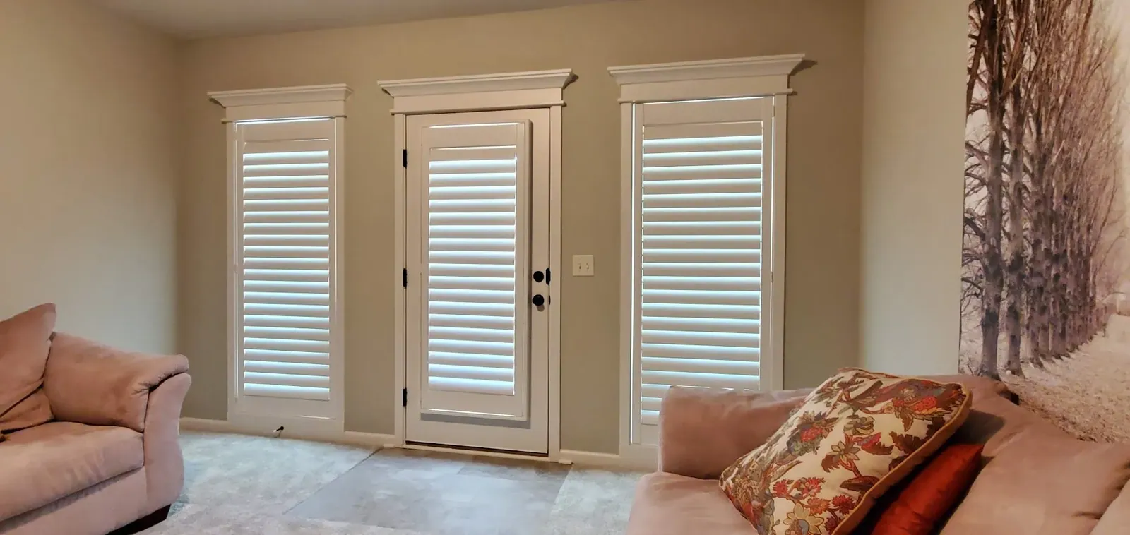 Plantation Shutters door windows in a living room, measured and hung by Solar Shield Blinds