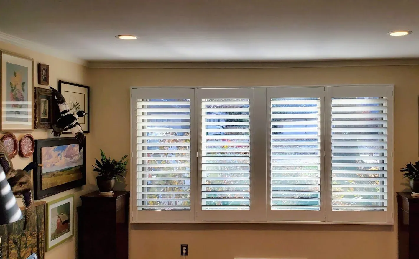 Open plantation shutters in living room, installed by Solar Shield Blinds