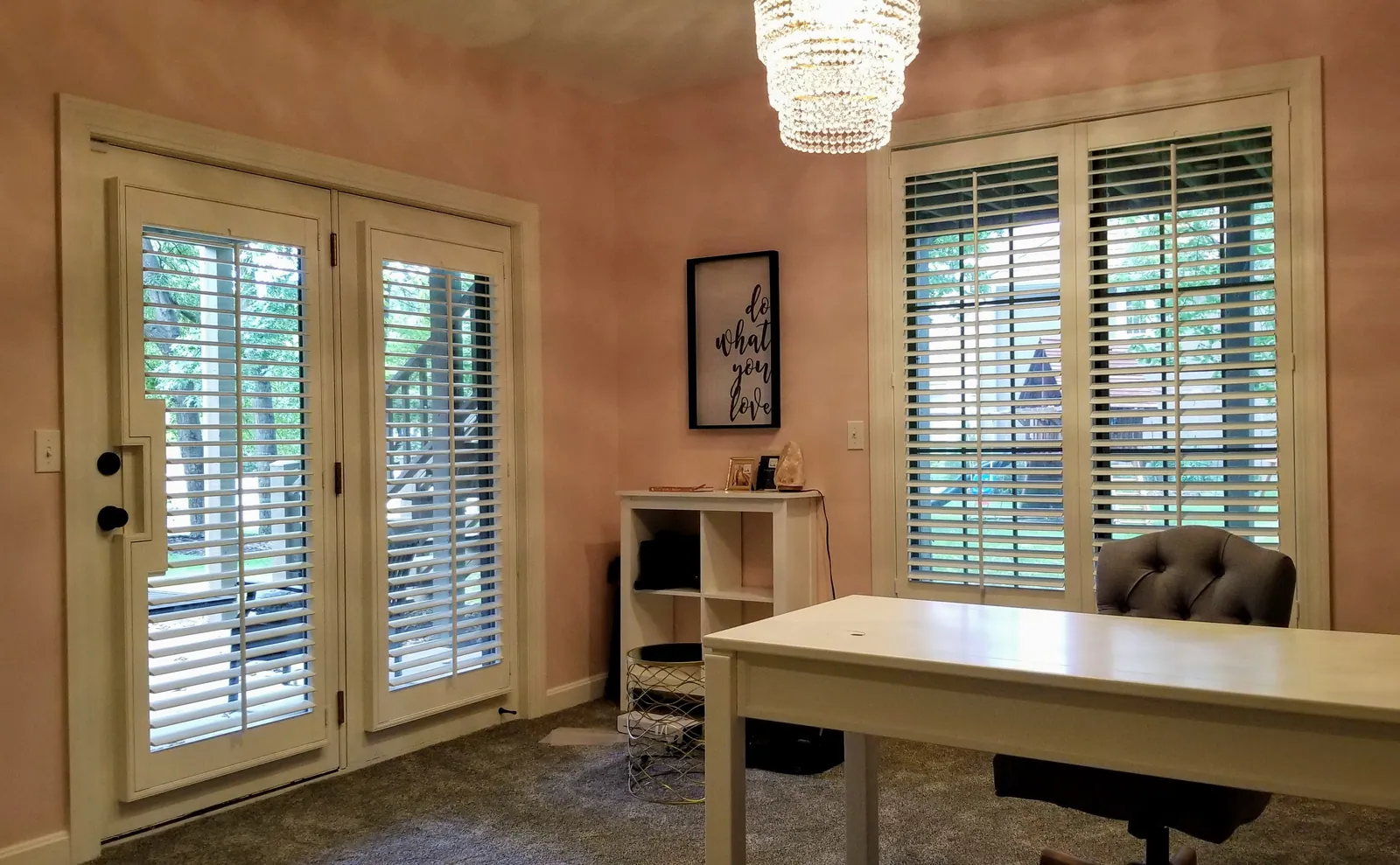 Plantation Shutters specialty french door cutout, installed by Solar Shield Blinds