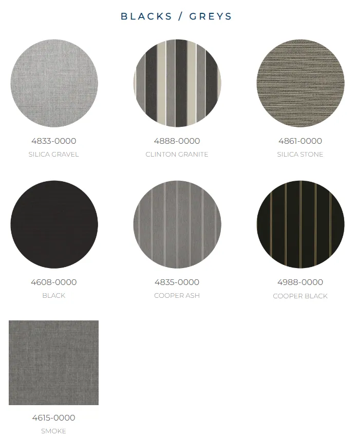 Sunbrella awning fabrics in blacks and grays