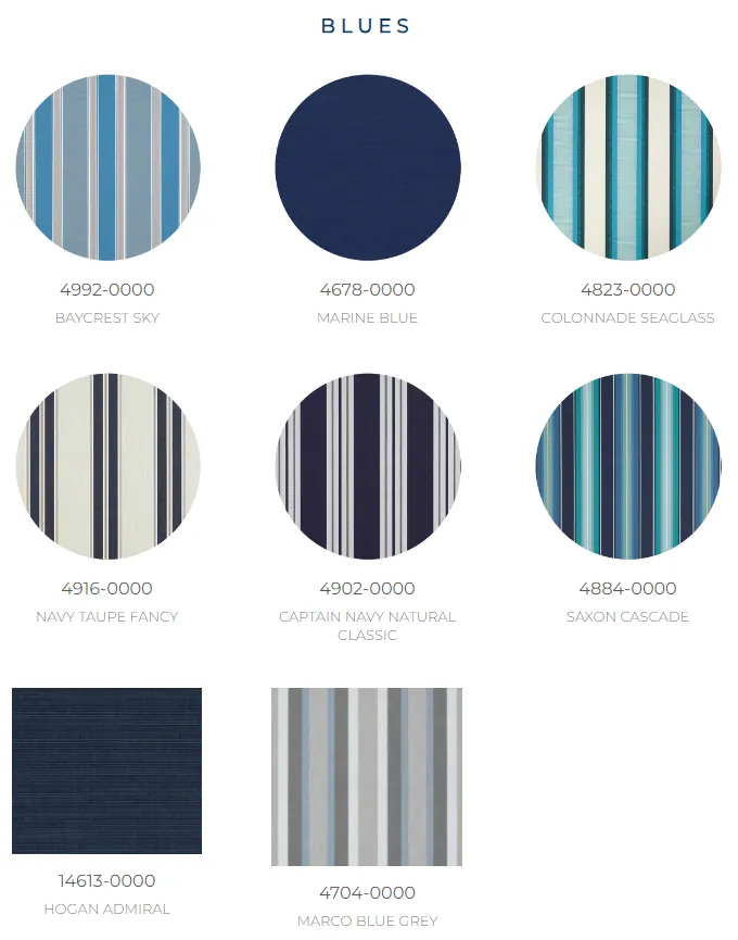 Sunbrella awning fabrics in blues and blue stripes
