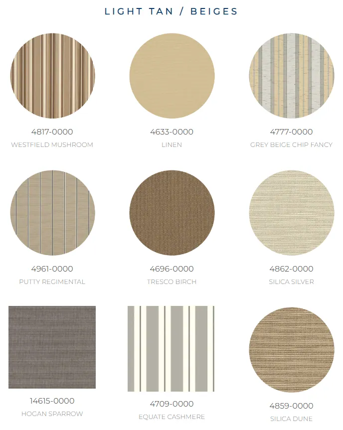 Sunbrella awning fabrics in light tans and beiges