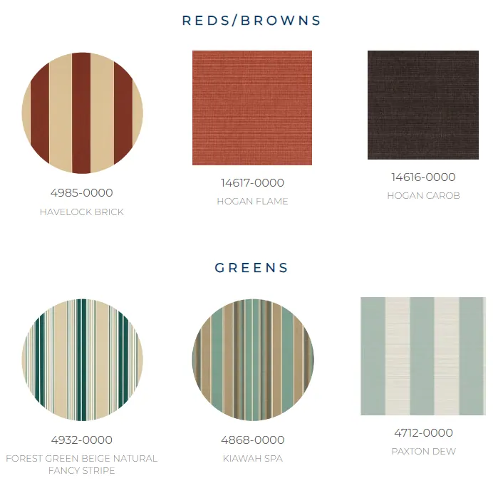 Sunbrella awning fabrics in reds, browns and greens
