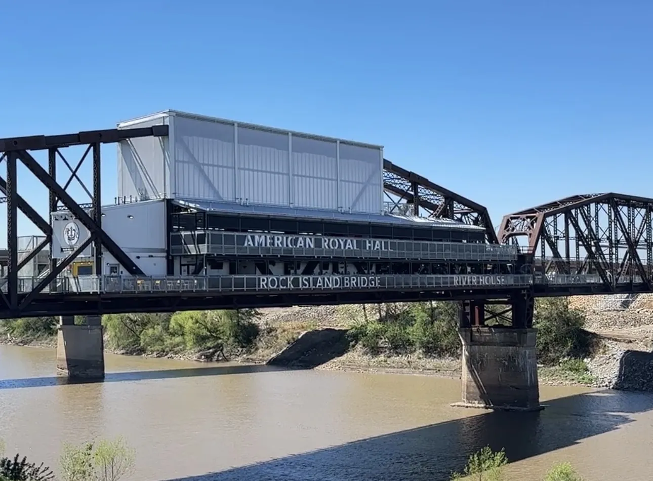The finished Rock Island Bridge over the Kansas River, its upper deck wrapped in motorized exterior shades