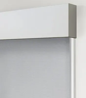 Custom roller shades design cornice, installed by Solar Shield Blinds