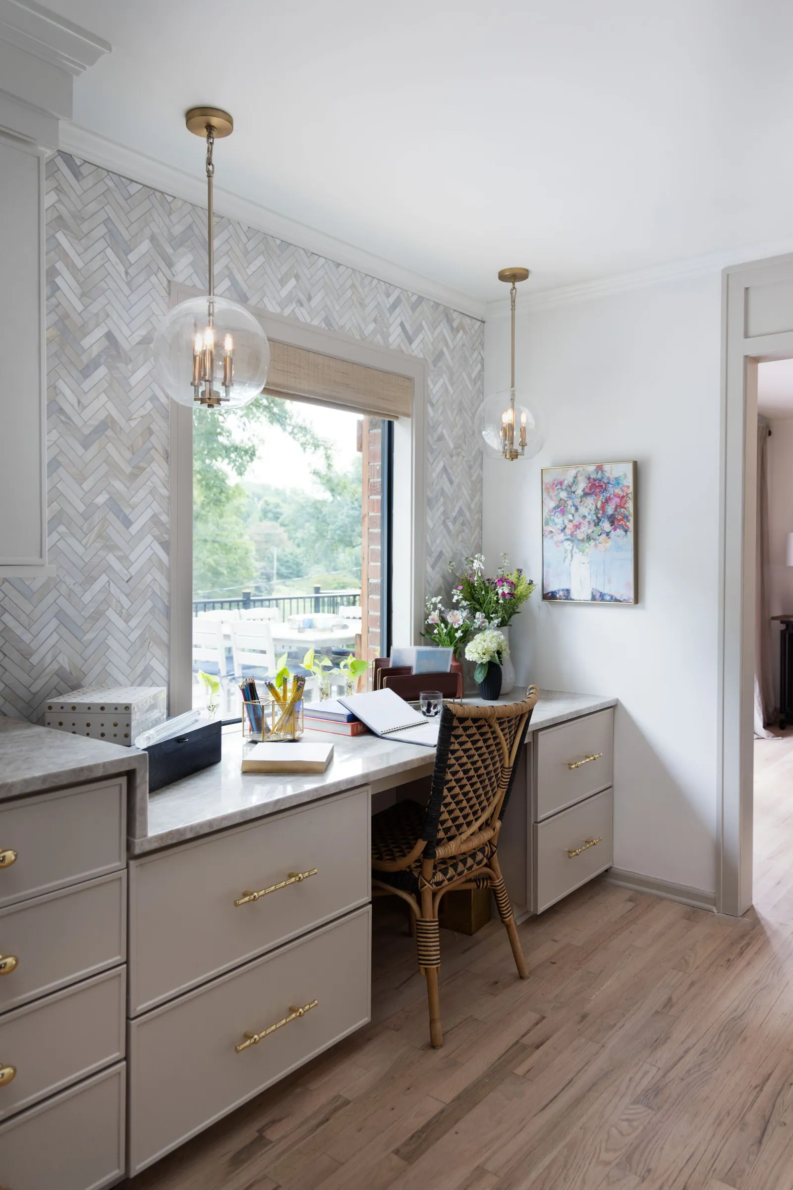 Natural Woven Shade over a kitchen desk, installed by Solar Shield Blinds