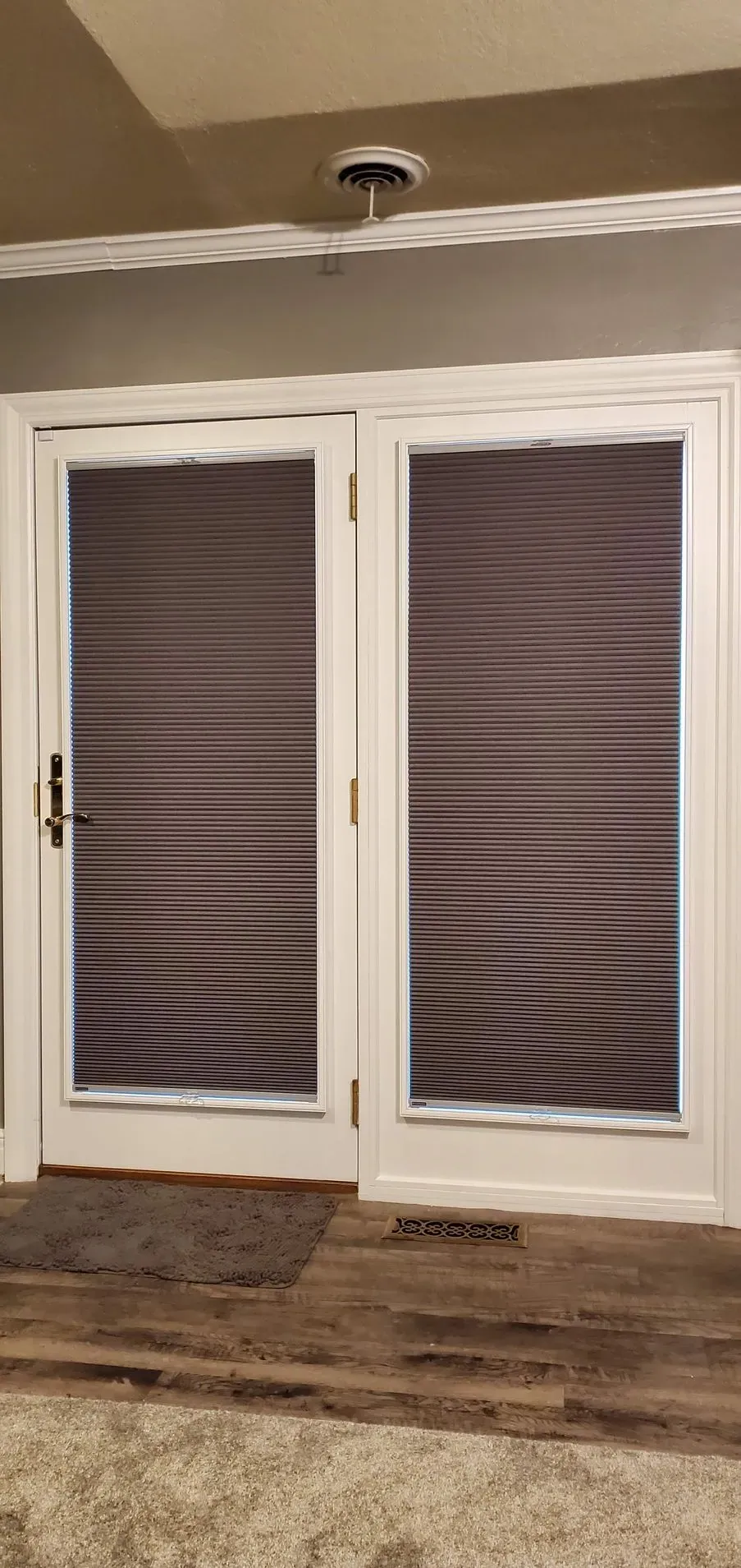 Honeycomb shade lowered for privacy on a swing door, with the same shade on the window next to it