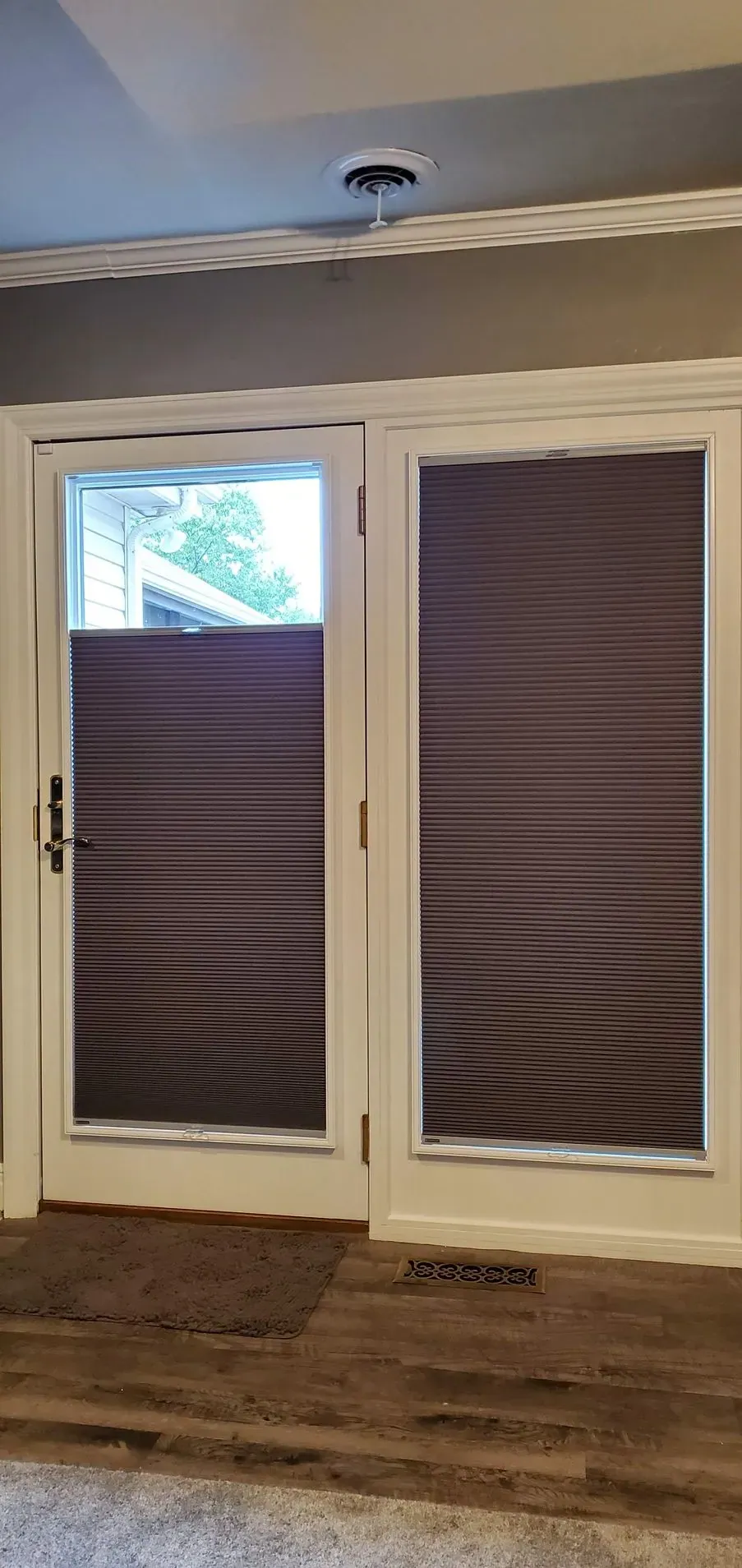 Room darkening honeycomb shade on a single swing door and the matching window beside it
