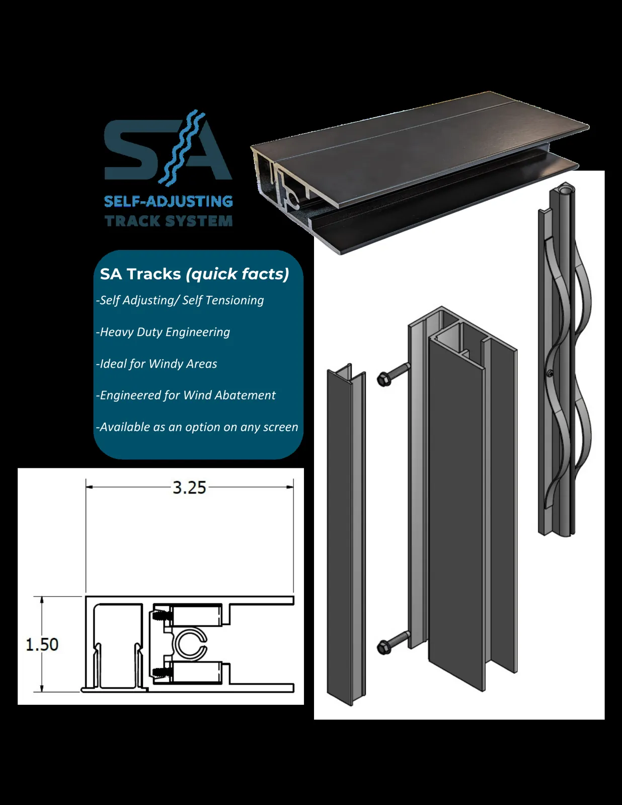 A brochure for a self adjusting track system, with the track profile drawn in section