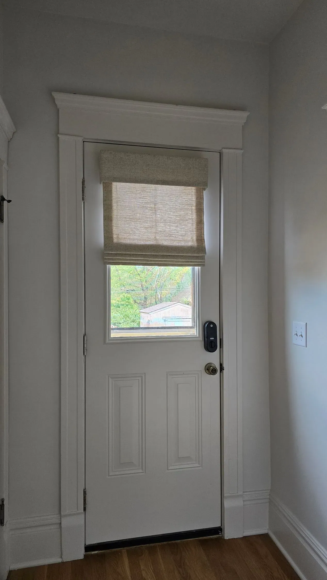Roman shade on an entry door, installed by Solar Shield Blinds