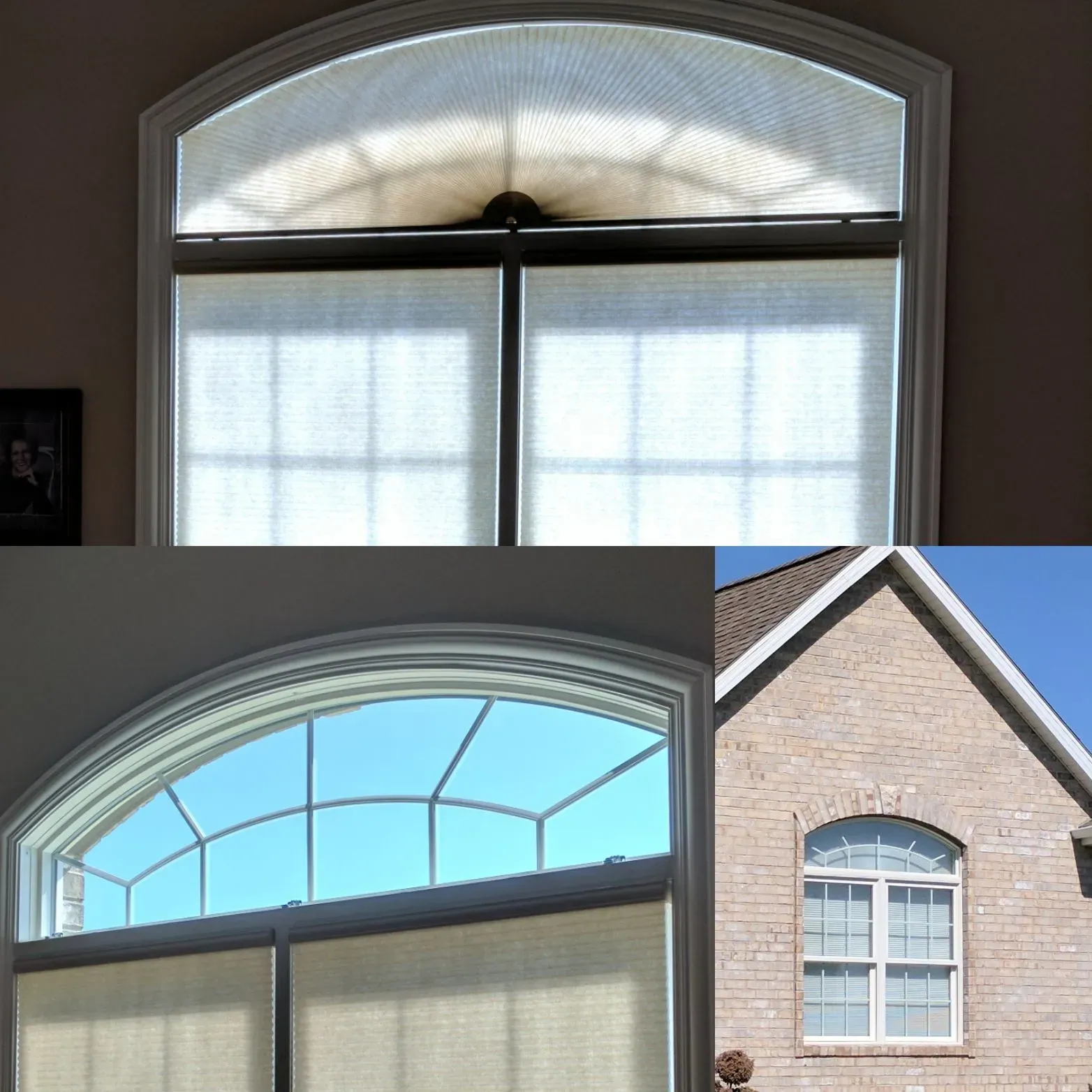 An eyebrow arch over a patio door with light filtering shades, seen from inside and from outside the brick house