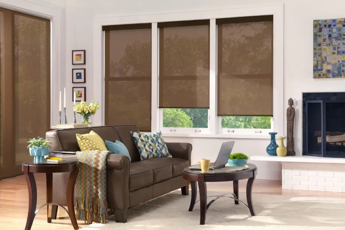 Panel track shades in a living room